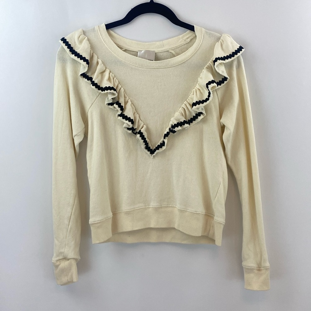 Cream Ruffle Trim Long Sleeve Sweater Top Dress up or down Size S 100% Cotton